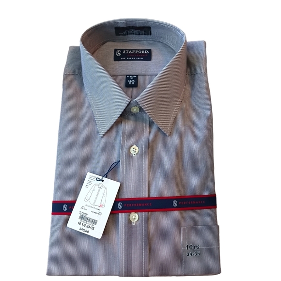 Stafford Performance Mens Dress Shirt Striped Purple  16.5 34/35 claaaic Fit NWT - Picture 1 of 5